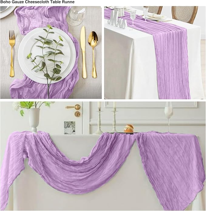 6 Pack Lavender Cheesecloth Table Runner 21x120 Inch Boho Wrinkled Sheer Romantic Gauze Decor for Wedding, Bridal Shower, Birthday Party