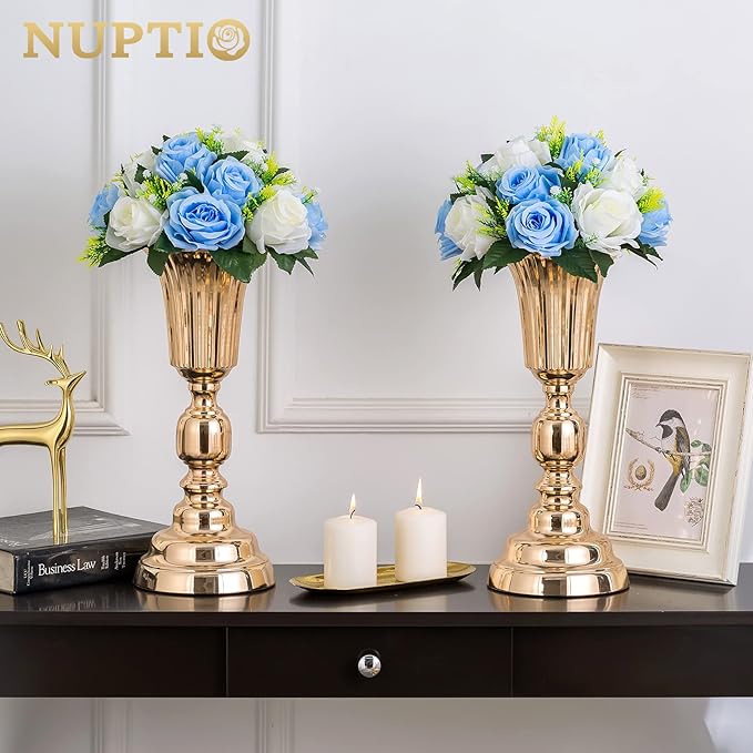 NUPTIO Flower Balls for Wedding Table Centerpieces, Blue & White Fake Rose | 10 Pcs Artificial Silk Floral Bouquet Arrangements, for Birthday Party, Baby Shower, Quinceanera, Housewarming Decorations