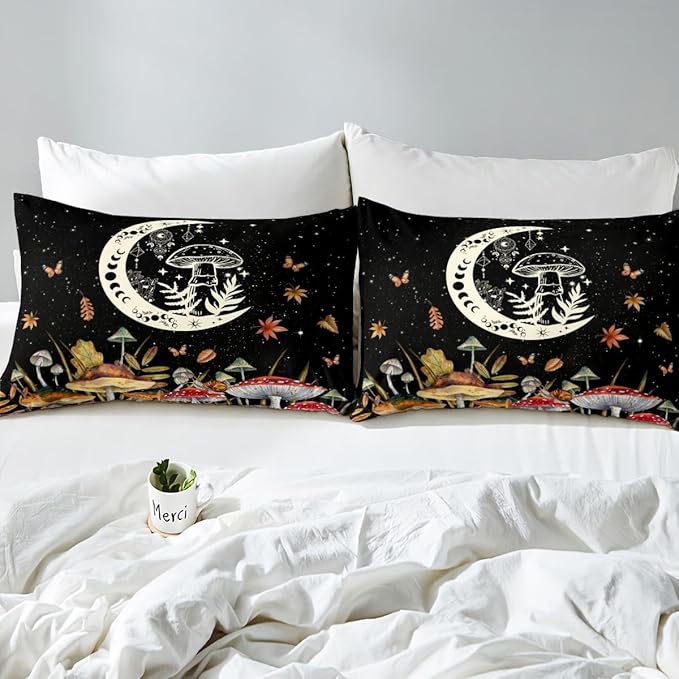 Watercolor Mushroom Bed Sheet Cartoon Moon Cute Dreamcatcher Exotic Sheet Set for Kids Teens Adults Wild Butterfly Leaves Starry Galaxy Bedding Set with Flat,Fitted Sheet,2 Pillowcases Queen Size