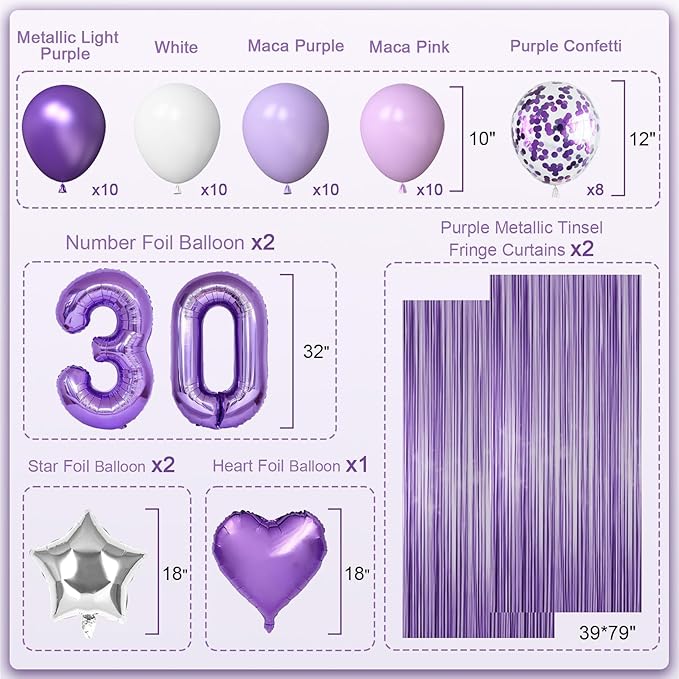 30th Purple Birthday Decorations for Women, Purple Pink 30th Birthday Decorations Butterfly Theme Lavender Party Decor Set with Number Balloons, Banner, Sash, Butterfly Stickers