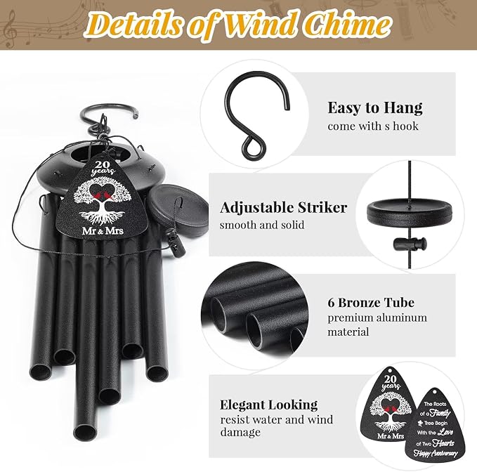 20th Anniversary Wind Chimes Gifts for Men Women,Romantic 20 Year Anniversary for Couples, Wife, Husband, Parents, Friends, 20th Wedding Gifts Idea of Happy Anniversaries Decorations,Black