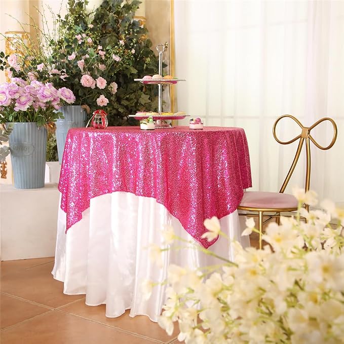 Eternal Beauty Hot Pink Tablecloth, 50x50 Inch Sequin Square Table Cover for Mother's Day Cake Dessert Exhibition Party Birthday Events