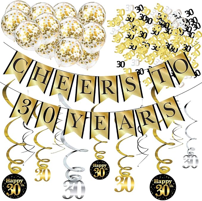 30th Birthday and Anniversary Decorations Party Pack - Pre-Strung Banner, Balloons, Swirls - 30th Birthday Decorations for Him or Her - Party Supplies and Gifts