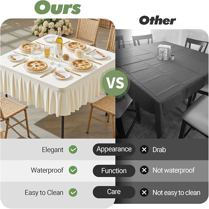 Shillance 34x34 Inch Ivory Spandex Square Tablecloth,Wrinkle Free Ivory Fitted Table Cloth for Square Tables,Washable Pleated Table Cover for Wedding Birthday Cocktail Party Buffet Dinner Camping