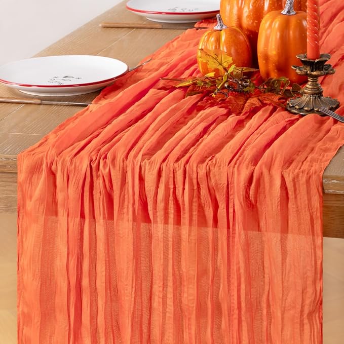 LINXTAR Orange Cheesecloth Table Runner 120 Inches 10Ft Gauze Summer Boho Table Runner for Wedding Tea Party Baby Shower Bridal Birthday Home Decoration