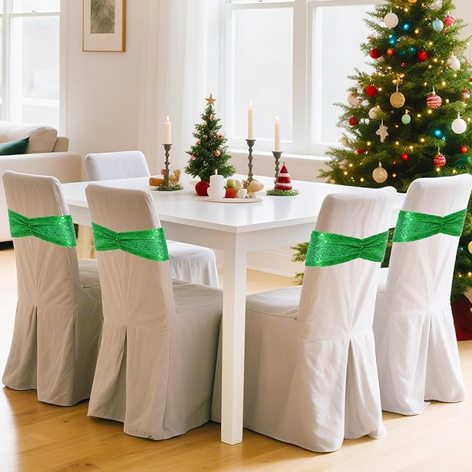 Poise3EHome Green Sequin Chair Sashes 50 Pack,Folding Chair Cover Bands for Wedding Party Ceremony Banquet Decorations