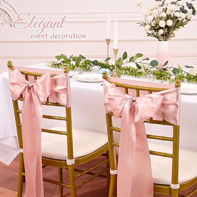 120 PCS Rose Gold Satin Chair Sashes, Ties Bows Designed Sashes for Washable Reusable Chair Covers Supplies for Wedding Reception Events Banquets Party Hotel Event Aisle Decorations (7 x 108 inch)