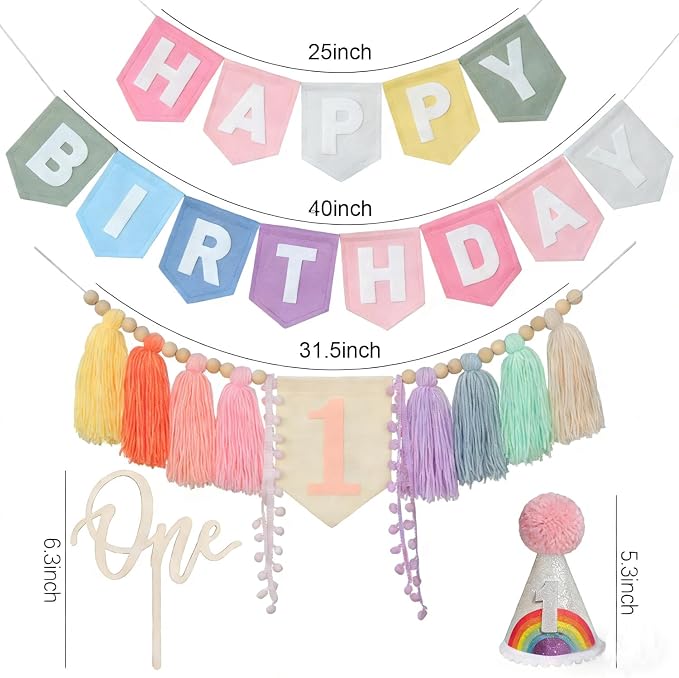 Pastel Rainbow 1st Birthday High Chair Decorations- Boho Macaron Felt Happy Birthday Banner First Birthday Highchair Banner With One Cake Topper & Party Hat, 1st Birthday Party Decorations