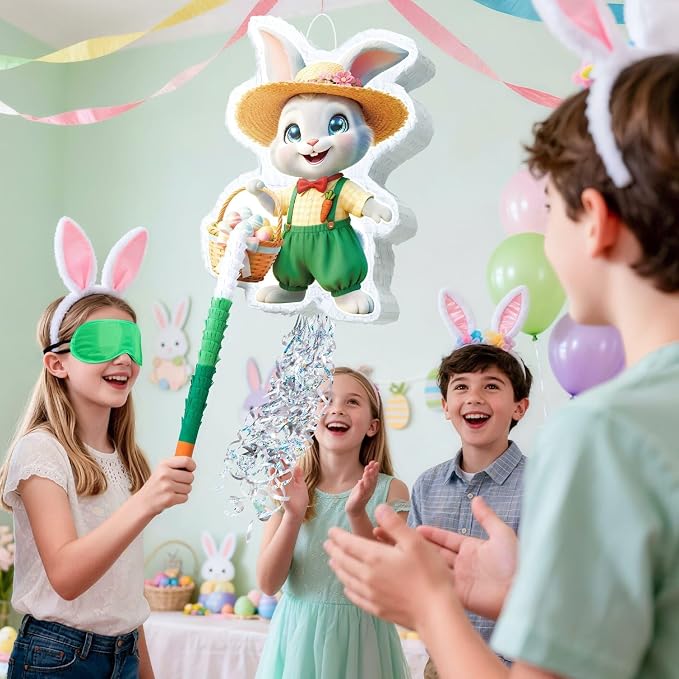 WERNNSAI Easter Bunny Piñata – Green Rabbit Piñata with Blindfold and Stick Spring Easter Egg Hunt Game Party Decorations Birthday Carnival Supplies