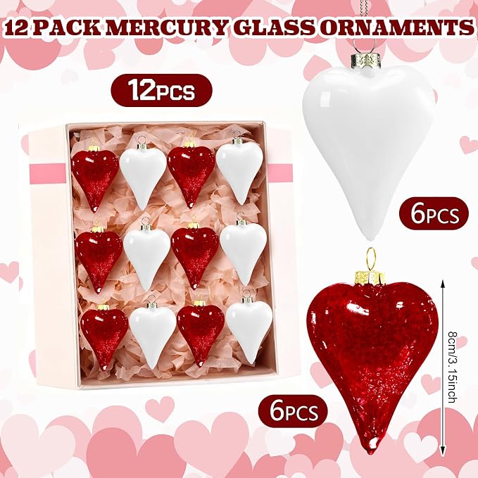 RattanView 12 Pack Valentine Heart Glass Ornament 3.2 inch Red White Glass Heart Shaped Ornament Shiny Antique Romantic Love Shaped for Valentine Gift Wedding Anniversary Holiday Hanging Tree Decor
