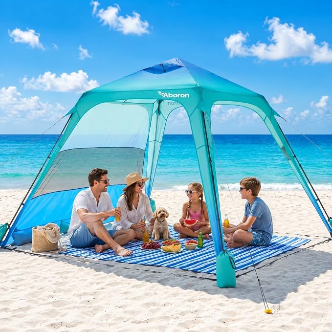 Slsy Beach Tent 10 x 10 FT, Beach Shelter with Removable Side Wall, UPF 50+ Canopy Cabana for Sun Protection, Easy Setup Shade with Sandbags, Stakes & Guy Lines, Wind Resistant, Fits 6-8 People