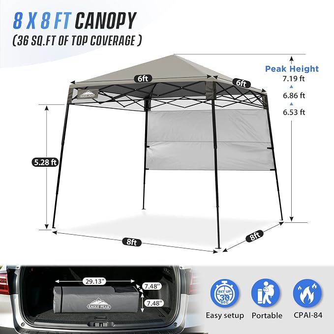 EAGLE PEAK 8x8 Pop Up Canopy Tent with Sidewall, Compact, Portable Slant Leg Instant Sun Shelter for Beach, Sports, & Camping, 8x8 Base 6x6 Top, Light Brown
