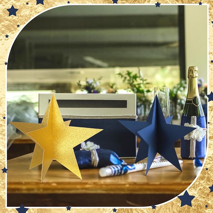 Sinload 18 Pcs Large 3D Glitter Star Decorations Back to School Work Blue Gold Star Centerpiece Standing Hanging Decor for School Centerpiece Starry Movie Night Themed Party Decor