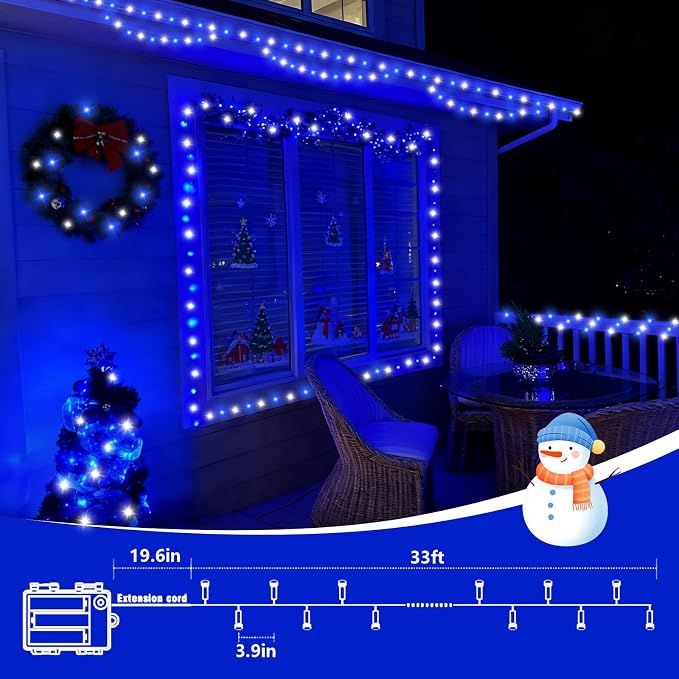 QITONG 2 Pack Battery Operated String Lights, Each 33ft 100 LED Blue and White Christmas Lights Outdoor Waterproof, 8 Modes Clear Wire Twinkle Fairy Lights Indoor with Remote