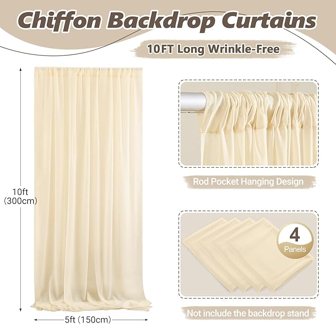 20ft x 10ft Champagne Backdrop Curtains, Wrinkle-Free Sheer Chiffon Fabric Photo Backdrop Drapes for Wedding Arch Party Ceremony Stage Photography Decorations