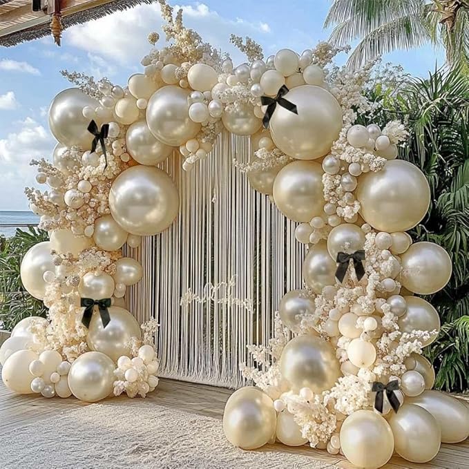 Pearl Sand White Balloon Arch Kit with Black Bow Double Stuffed Pearl Cream Ivory Beige Balloon Garland Different Size 5/12/18 Inch for Bow Birthday Bridal Wedding Baby Shower Coquette Party Decor