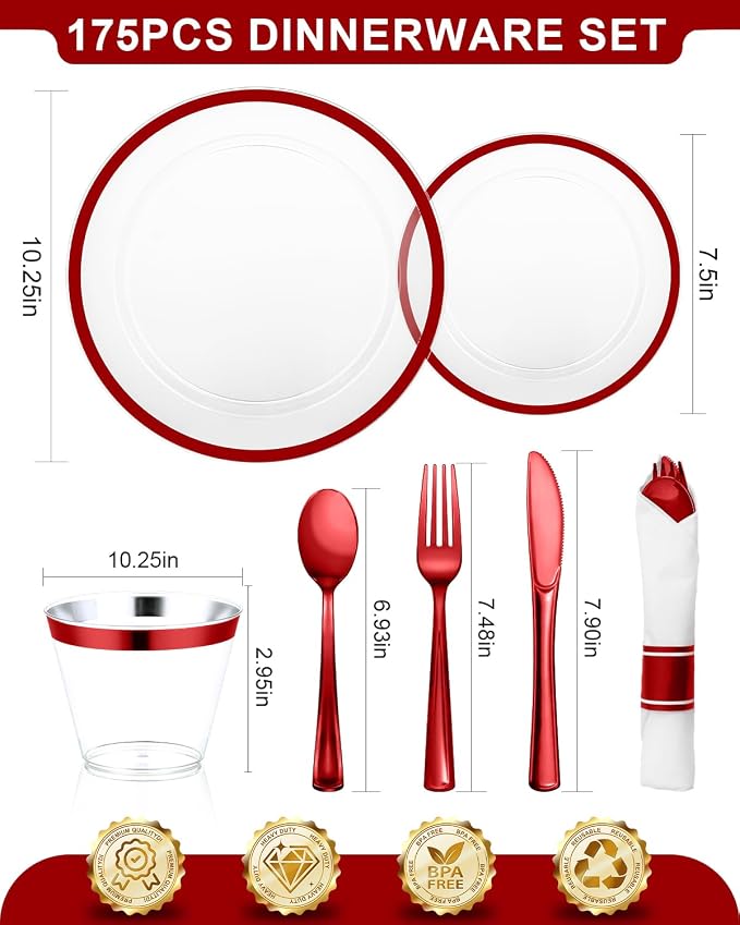 BESTVIP 175PCS Plastic Clear & Red Plates for Party, Disposable Dinnerware Sets Suitable for 25 Guests, 50 Plastic Plates, 25 Cups, 25 Pre-Rolled Napkins with Cutlery for Christmas, Wedding
