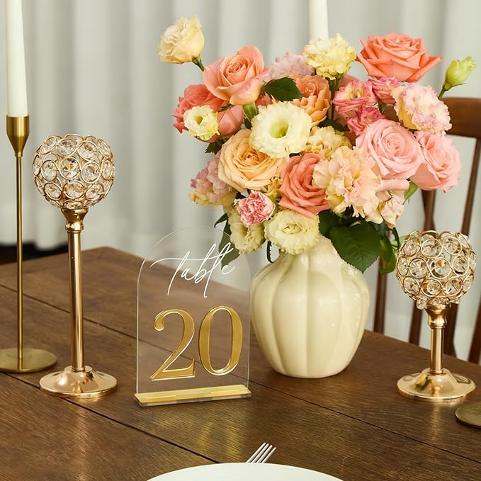 Crystal Clear Acrylic Wedding Table Numbers 1-20 Set, Self-Standing Modern Arched Signs for Reception Seating, Anniversary & Bridal Shower, Elegant Wedding Decor (5x7 Inches)