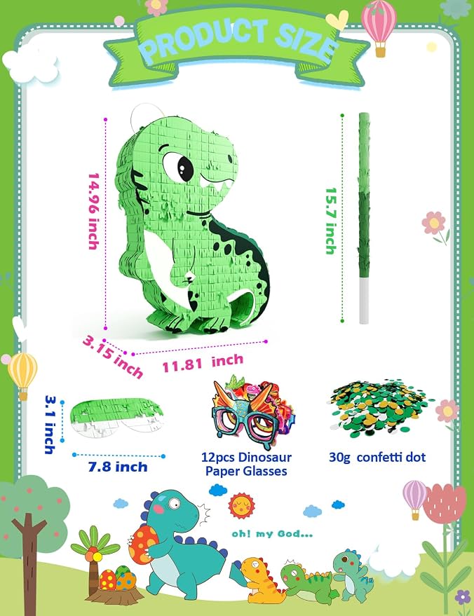 Dinosaur Piñata for Boys, Piñata de Dinosaurio para niños with 12pcs Paper Glasses, Confetti, Wood Stick and Blindfold, Dino Piñata for Birthday Party Decorations (16"*13"*3.5")