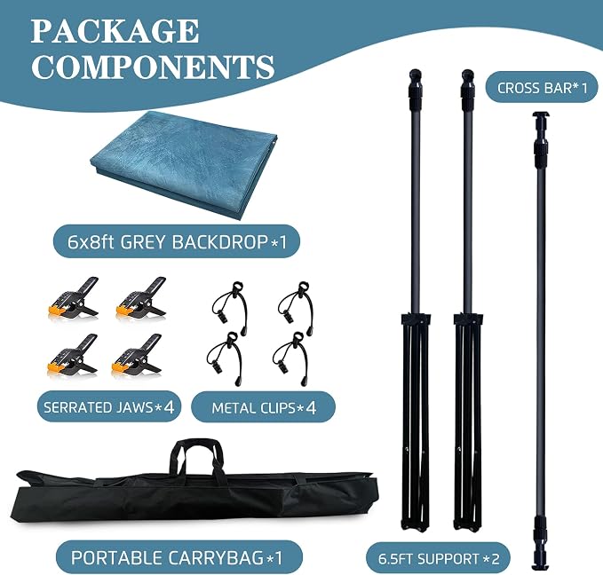 6.5x6.5 ft Photo Backdrop Stand with 6Wx8H ft Abstract Backdrop,Light Blue | 2-in-1 Portable, 6.5Wx6.5H ft Adjustable Stand, 6Wx8H ft Abstract photography background, 8 Clamps, Storage Bag Included