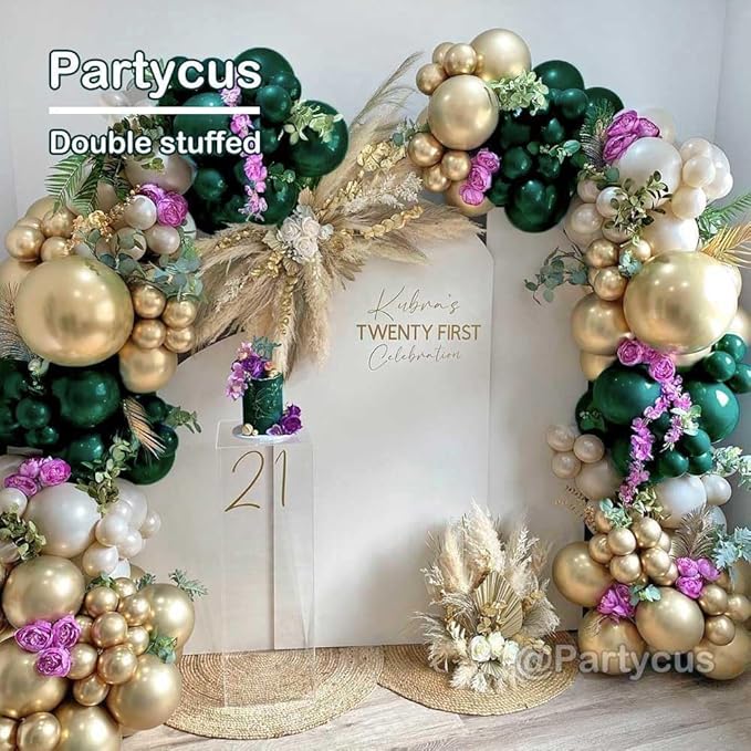 Emerald Green Gold Balloon Arch Kit, Double Stuffed Dark Forest Green Pearl White Sand Ivory Balloon Garland for Birthday Wedding Anniversary Graduation Jungle Mother's Day New Year Party Decoration