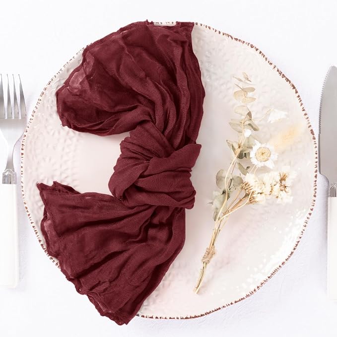 DeZerlor 50 Pack Burgundy Red Cheesecloth Napkins Spring Cloth Napkins Set of 50 Burgundy Dinner Napkins Bulk 21x21 Inches for Wedding Bridal Shower Baby Shower Parties