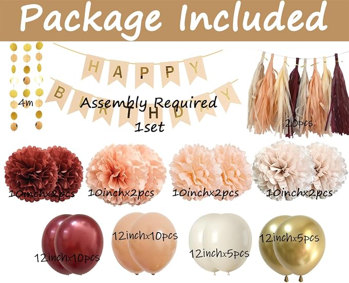 Birthday Decorations for Women in Fall Color – Maroon Peach Gold Happy birthday Decor with Balloons Banner Tissue Pompoms Paper Tassel Garland Party Supplies (Burgundy + Burnt Orange)