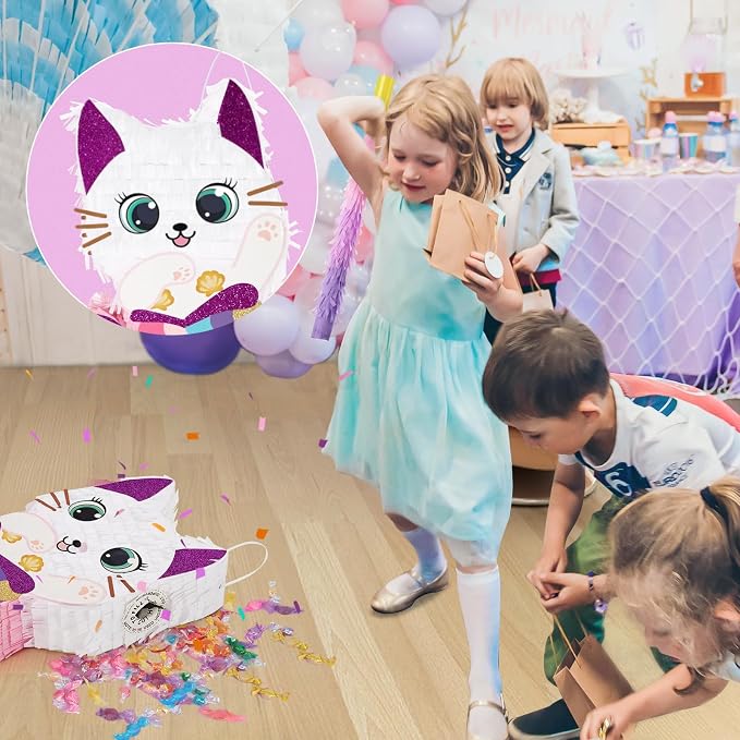 WERNNSAI Cat Piñata - Kitten Mermaid Birthday Party Decorations Kids Mermaid Piñata with Blindfold and Bat for Girls Summer Under the Sea Birthday Party Supplies Game Set