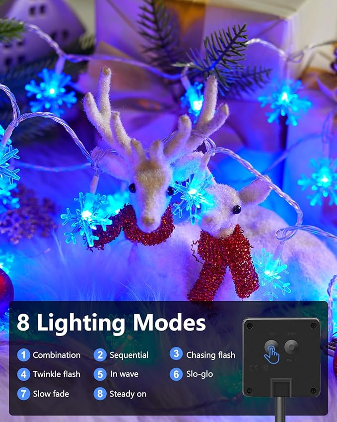 Brightown Solar Christmas Snowflake String Lights, 72FT 200 LED Outdoor Waterproof Fairy Lights with 8 Lighting Modes for Wedding, Party, Tree, Room, Garden, Patio, Yard, Home, Blue