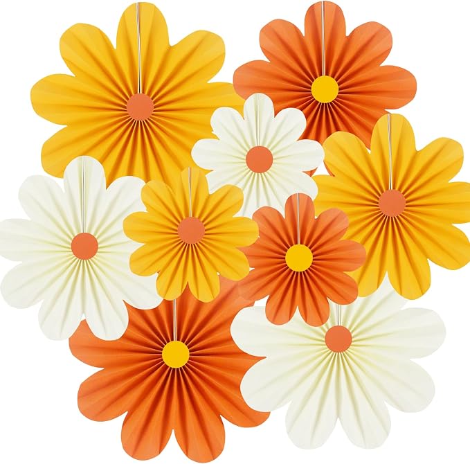 DODOKIM Paper Fans Party Decorations Paper Flowers Decorations for Wall Floral Backdrop Classroom Baby Shower Birthday Party Flower Wall Decor Pack of 9 Orange Yellow Ivory