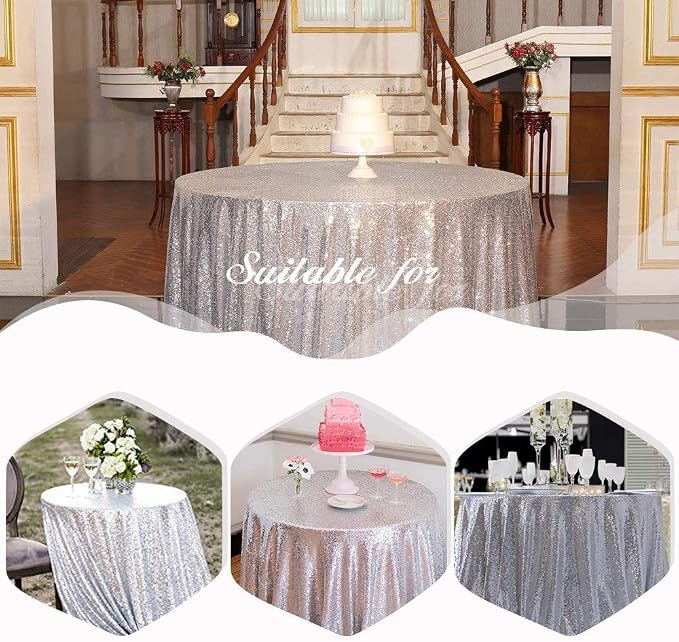 Poise3EHome 120 Inch Round Silver Sequin Tablecloth for Party Cake Dessert Table Exhibition Events