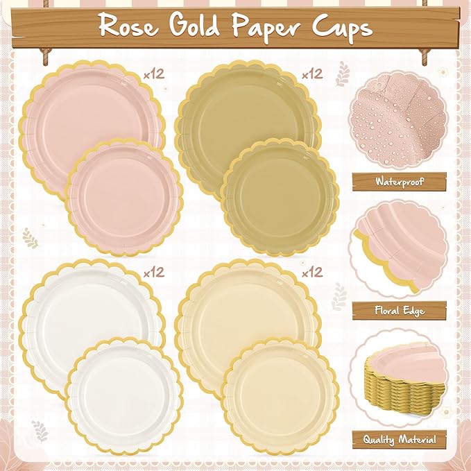 Mimorou 338 Pcs Champagne-gold Beige Plates and Napkins Party Supplies Rose Gold Tableware Include Scalloped Pink Plates Paper Napkin Cup Spoon Fork Knife for Boho Baby Shower, Wedding, Birthday