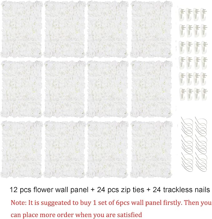 BLOSMON Flower Wall Panel Backdrop Decor 12Pcs 24 x 16 Inch Ivory White Artificial Floral Wall for Wedding Party Baby Bridal Shower - Fake Silk Hydrangea Wall Decoration Backdrop