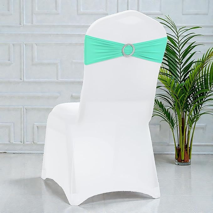 VDS - Tiffny Blue | Spandex Chair Sashes Bows | 75 PCS | Stretch Elastic Banquet Universal Folding Chair Band Tie with Silver Buckle Slider for Wedding Party Conference Celebration Event Decoration