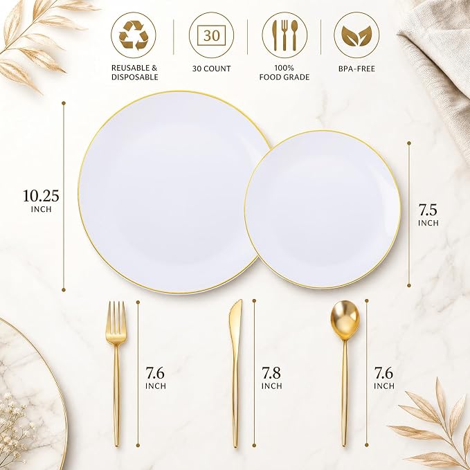 I00000 150PCS White and Gold Plastic Plates with Disposable Silverware for 30 Guests,Nice Disposable Plates,White Plastic Plates Set Include 30 Dinner Plate,30 Dessert Plate,90 Gold Cutlery for Party