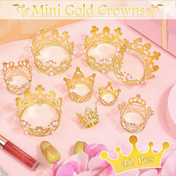 Billbotk 40 Pcs Mini Crowns for Flower Bouquets, Small Gold Crowns for Princess Cake Topper, Crown Decoration for Birthday Wedding Baby Shower Party, 5 Styles