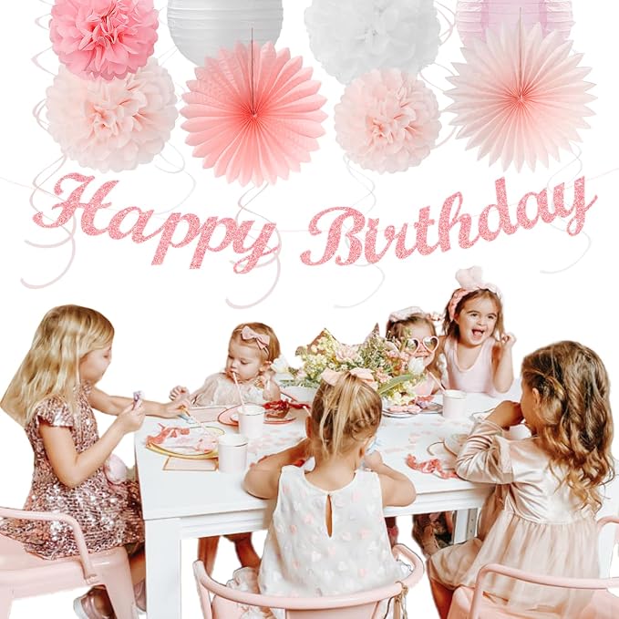 Light-Pink White Happy-Birthday Banner Party-Decorations - 31pcs 21st 30th Women Girls Paper Lanterns Streamers,Tissue Paper Flowers Pom Poms Fans Tassel Garland Decor Backdrop Supplies Hugmoon