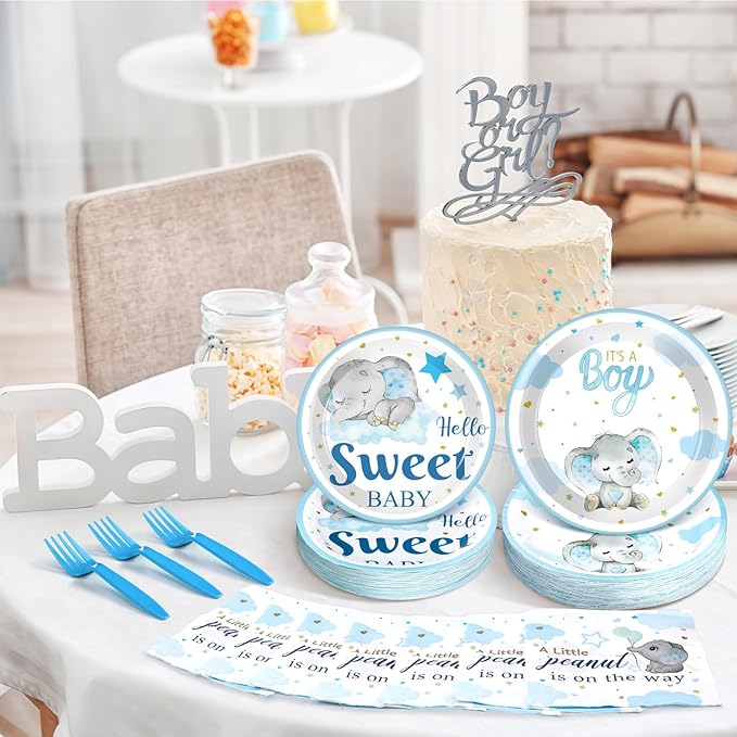 Havawish 250 Pcs Blue Elephant Baby Shower Plates and Napkins Decoration It's a Boy Wait Party Supplies Tableware Set Severs 50 Disposable Plates for Baby Boy Gender Reveal Party Supplies