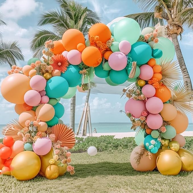 Pinbra Pastel Balloons Garland Kit Coral Pink Teal Blue Balloons Double Stuffed Light Green Orange Gold Metallic Latex Arch for Tropical Hawaii Luau Birthday Baby Shower Easter Party Decorations