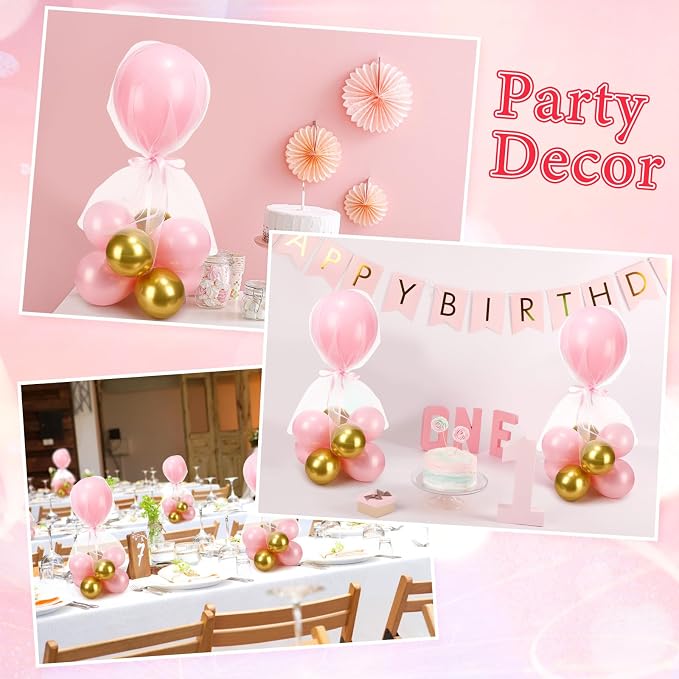 BBTO 8 Set Pink Gold Table Centerpieces Balloons Stand Kit, Latex Balloons and Table Stand Holder with Base Tulle for Wedding Birthday Grad Prom Centerpieces Party Back to School Baby Shower