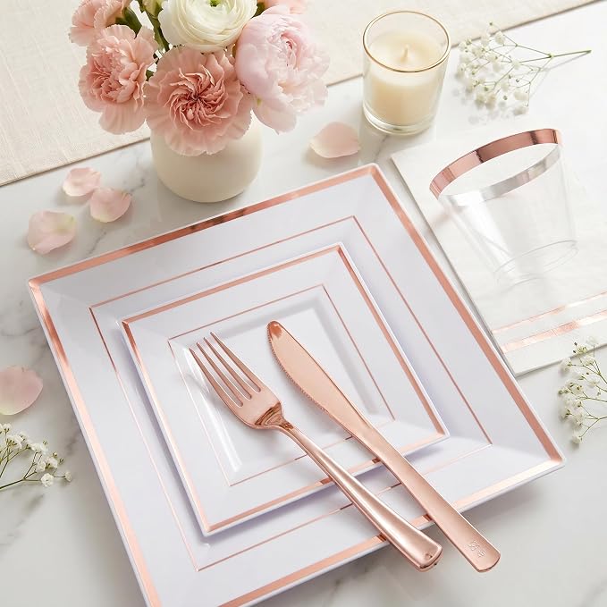 Festiva 350Pcs Rose Gold Plates and Napkins Party Supplies-Square White and Rose Gold Disposable Dinnerware include Plates Cups Cutlery Napkins for 50 Guests Wedding &Mother's Day&Birthday Party