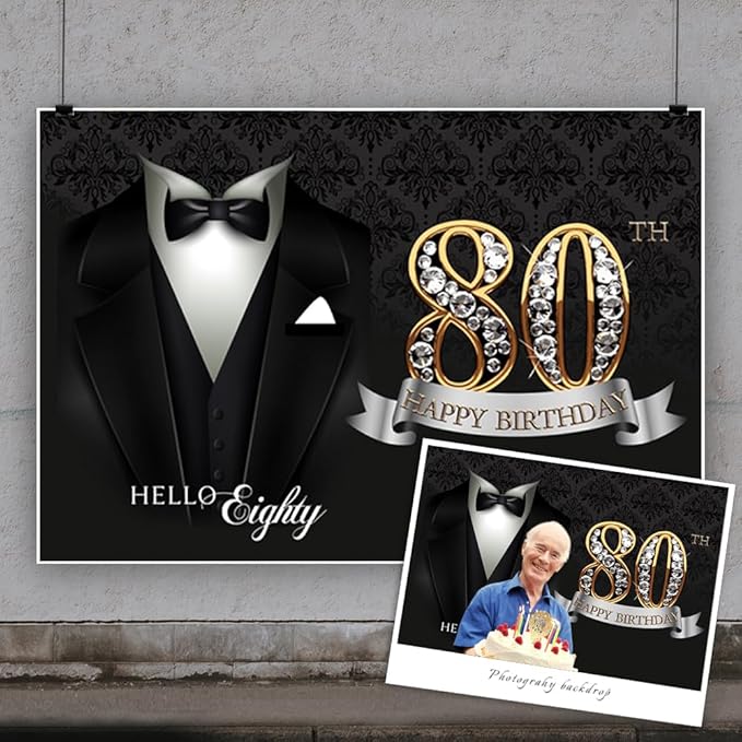 10x6.5ft Men 80th Birthday Background for Photography Black Necktie Suit Tuxedo Hello Eighty Backdrop Banner Luxury Diamonds Gold 80th Happy Birthday Party Supplies Portrait Photoshoot Props