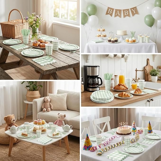 LINHAXM 175 Pcs Sage Green Gingham Party Supplies, Green Gingham Paper Plates, Cups, Napkins, Cutlery for Wedding Bridal Showe Birthday Baby Shower Party Decorations, Serves 25