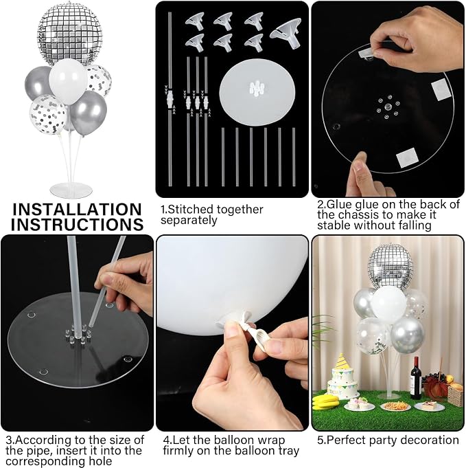 Disco Ball Party Balloons Stand Kit 2 Sets with 2 Silver 4D Discoball Foil Balloon Disco Ball Centerpiece for Tables 70s 80s 90s Dance Themed Birthday Graduation Decorations 2026 Prom Party Supplies