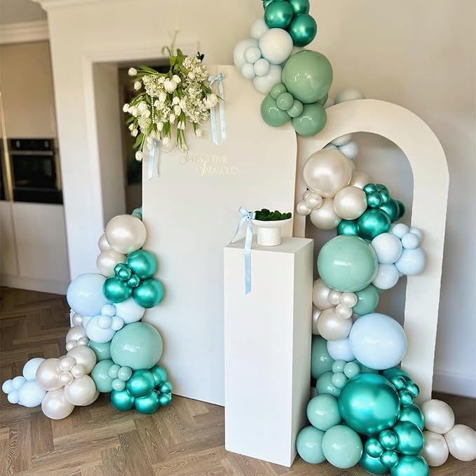 Teal Balloon Arch, Double Stuffed Chrome Teal Macaron Blue Green Balloon Garland, Pearl White Sand Metallic Turquoise Mint Green Balloons for Birthday Under The Sea Ocean Shark Beach Theme Party Decor
