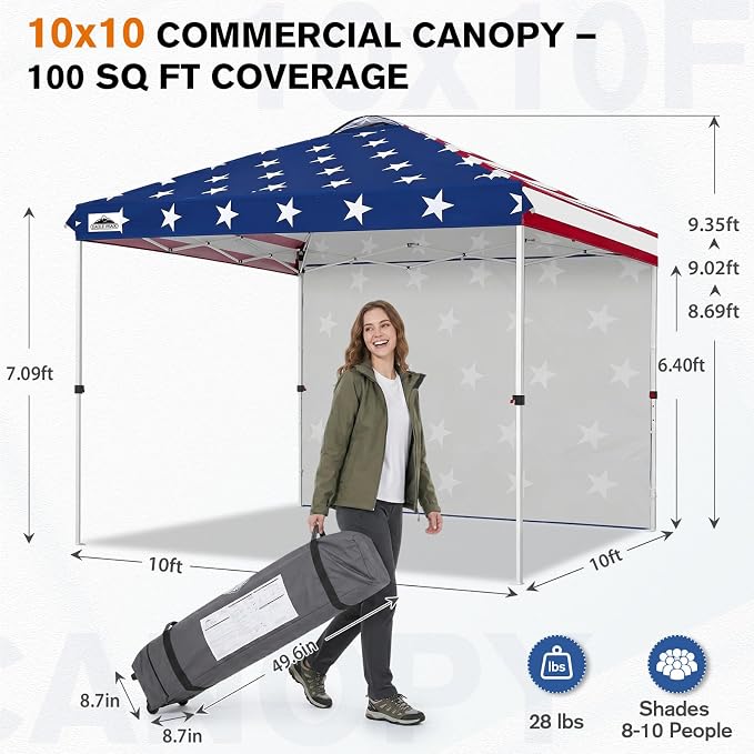 EAGLE PEAK Commercial Canopy 10x10 Pop Up Canopy Tent with 1 Sidewall, Easy Setup Heavy Duty Instant Event Shelter for Vendors & Markets, Outdoor Sun Shade, American Flag