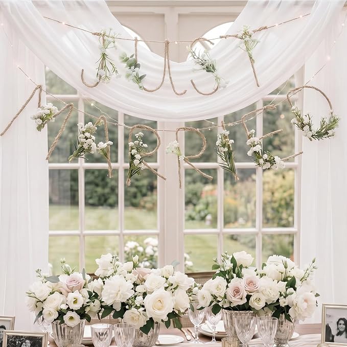 Norme Just Married Banner Baby's Breath Wedding Party Decorations Metal 3D Flower Just Married Photo Booth Props Signs Garland Backdrop Bridal Shower Reception Ceremony Car Decoration