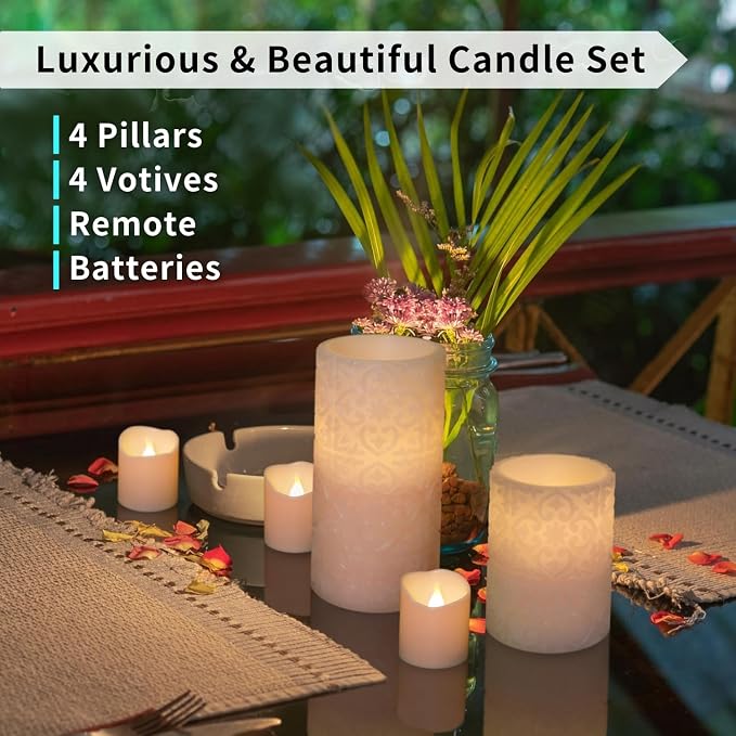 FURORA LIGHTING Pink Rome Flameless Candles - Real Wax, Adjustable Brightness, Remote & Timer - 4 Pillars (3x4, 3x6) and 4 Votives, 8-Pack, Battery Operated