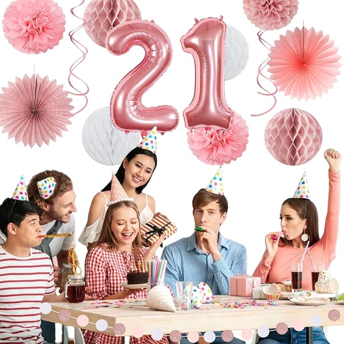 Rose Gold Light Pink White 21st Happy Birthday Party Decorations Hugmoon | 21pcs Kit 30th Balloon,Cute Girl Banner,Streamers,Tissue Paper Pom Poms Flowers Fans,Birthday Garlands Decor Backdrop