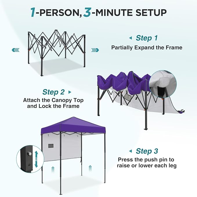 EAGLE PEAK 6x4 Instant Pop Up Canopy Tent with 1 Half Wall Panel, Straight Leg Sun Shelter, Portable Canopy with Carry Bag for Camping, Beach & Sports, Purple